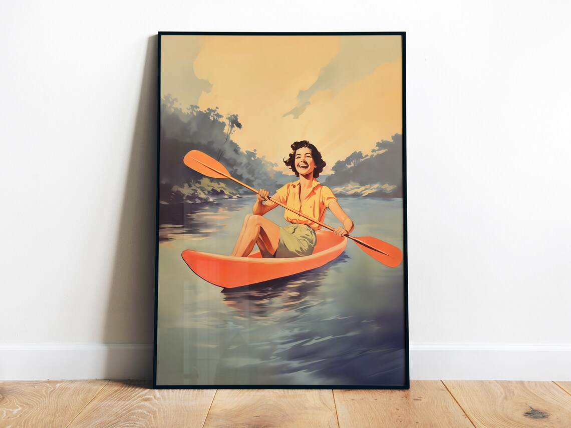 Sunset Kayak Retro Woman Paddling River Vintage Outdoor Adventure Poster