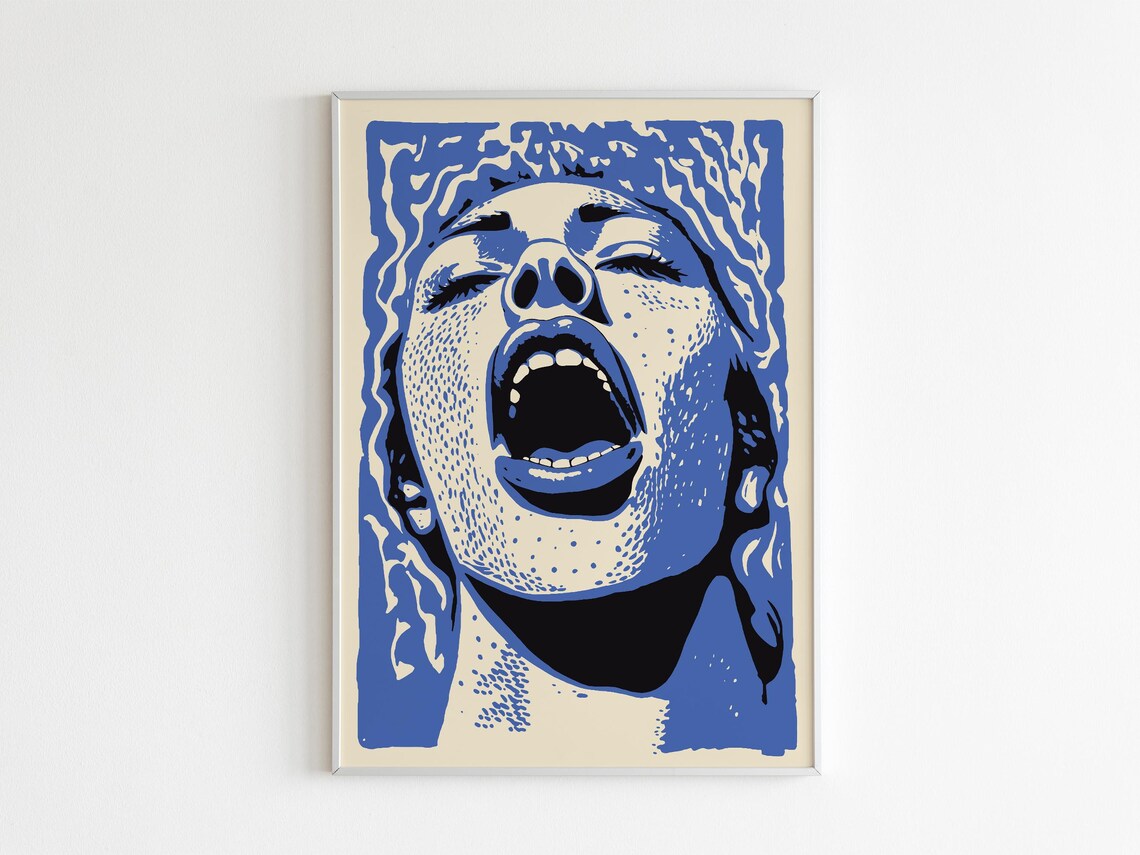 Dreamy Blue Swimmer Abstract Line Art Woman Underwater Poster - Image 2