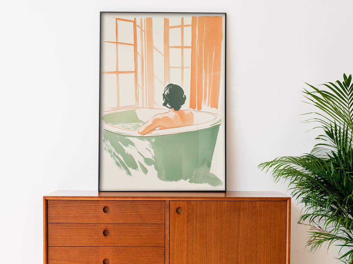 Bathroom Aesthetic Wall Art Shower Room Wall Print Green And Orange Toilet Art Woman In A Tub Art Self Care Print Watercolor Art - Image 3