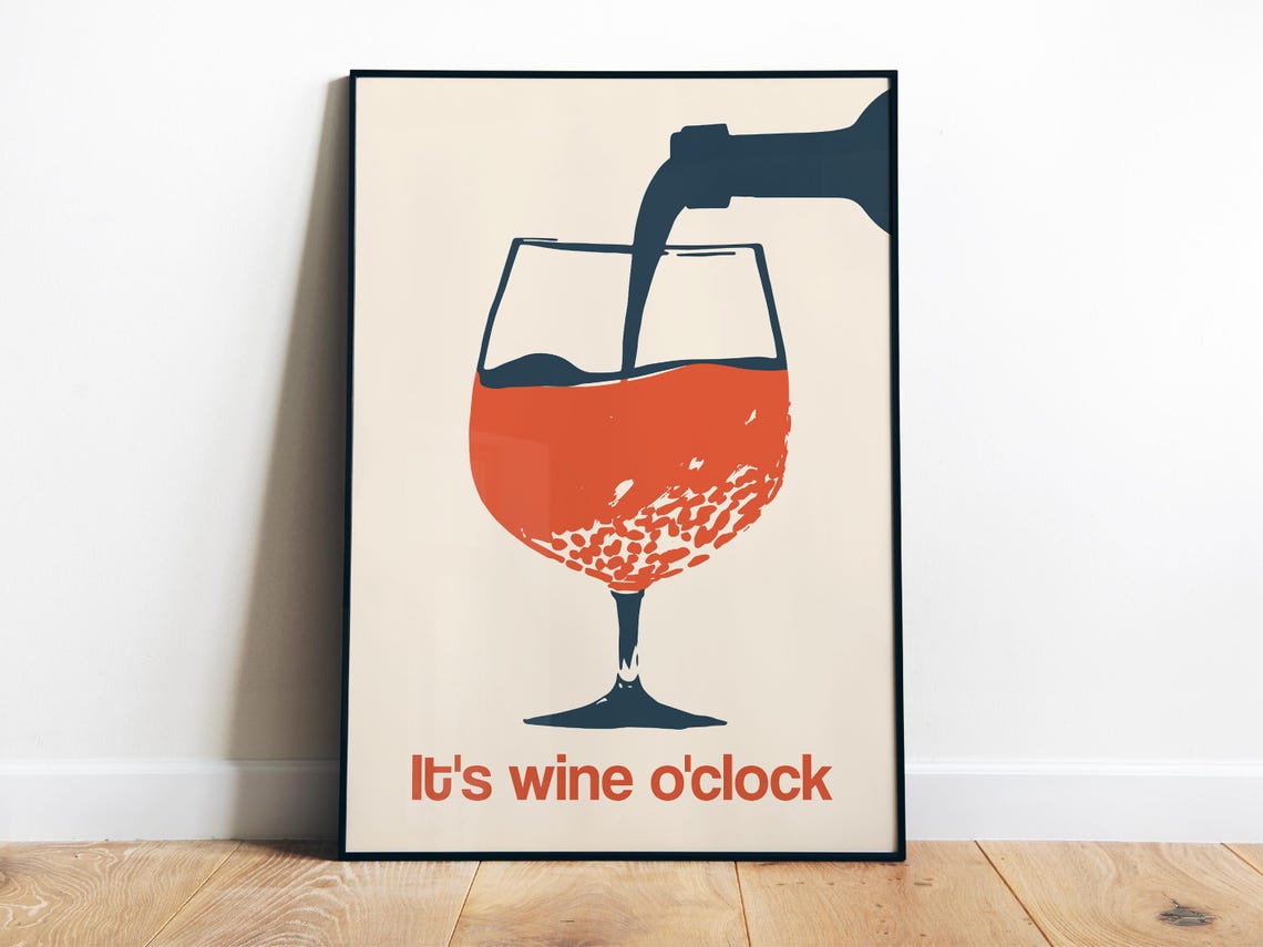 It Is Wine Oclock Minimal Wine Glass Pour Kitchen Bar Poster
