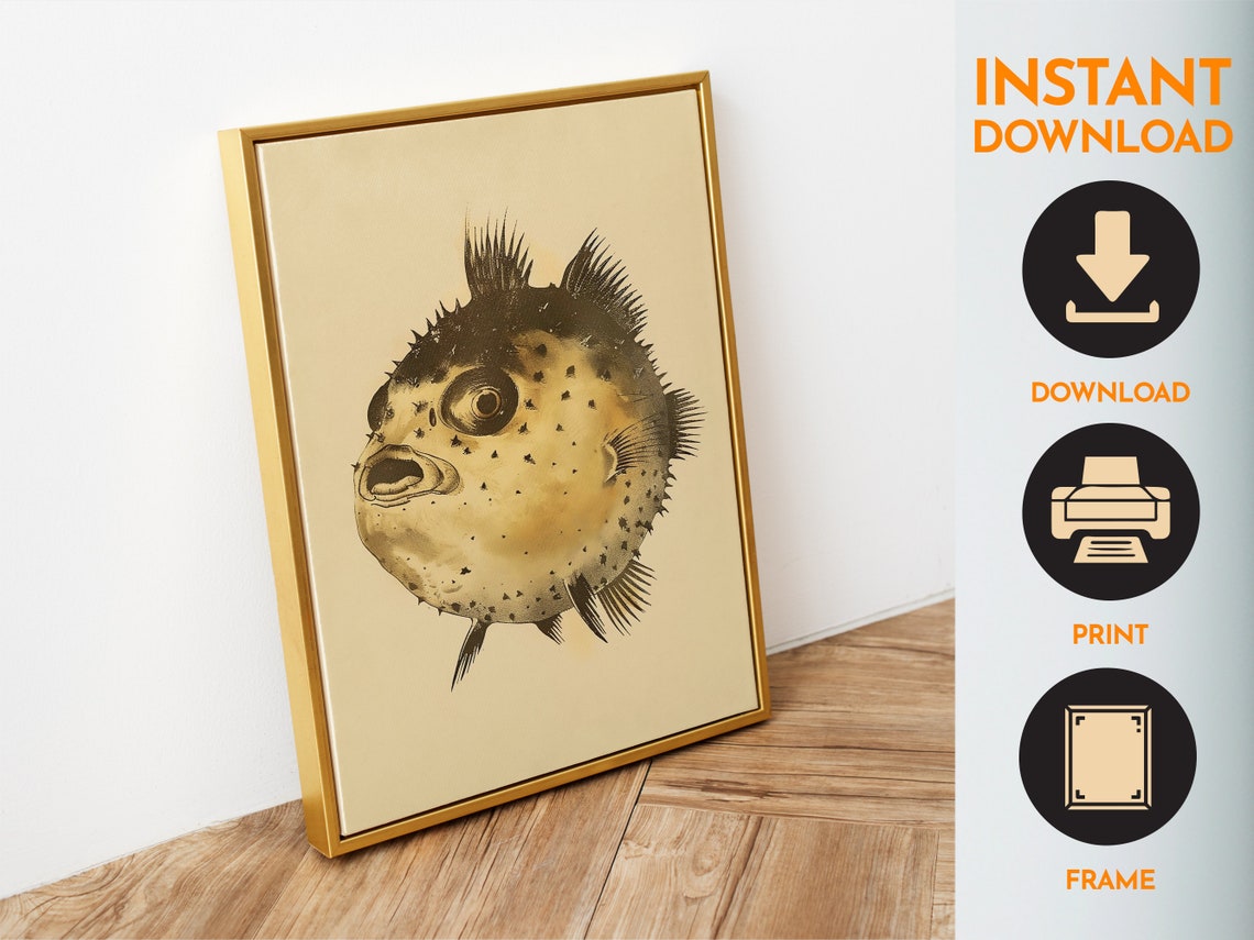 Retro Pufferfish Vintage Sepia Fish Illustration Funny Bathroom Poster - Image 6