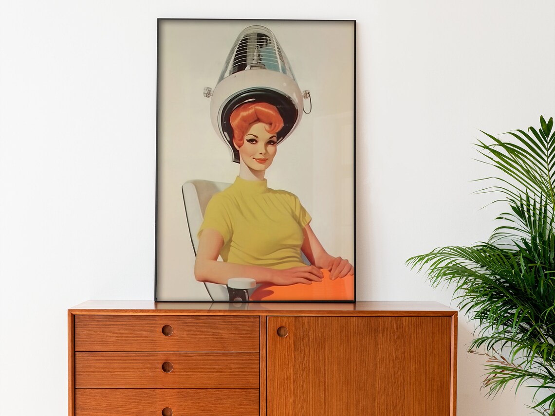 Vintage Hair Salon Woman Under Dryer 50s Retro Beauty Art Poster - Image 3