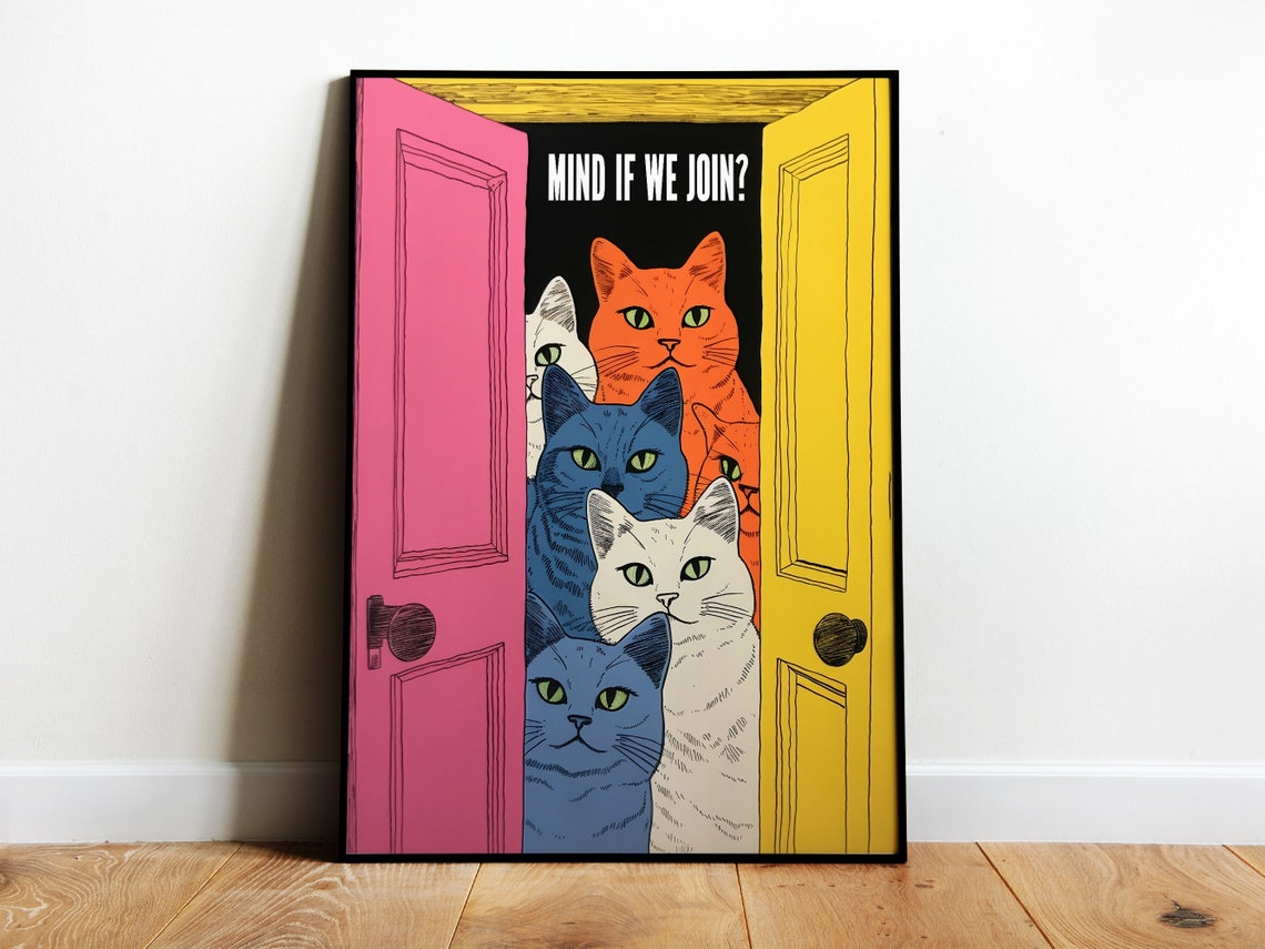 Mind If We Join Funny Cats Peeking Door Retro Pop Art Kitchen Poster
