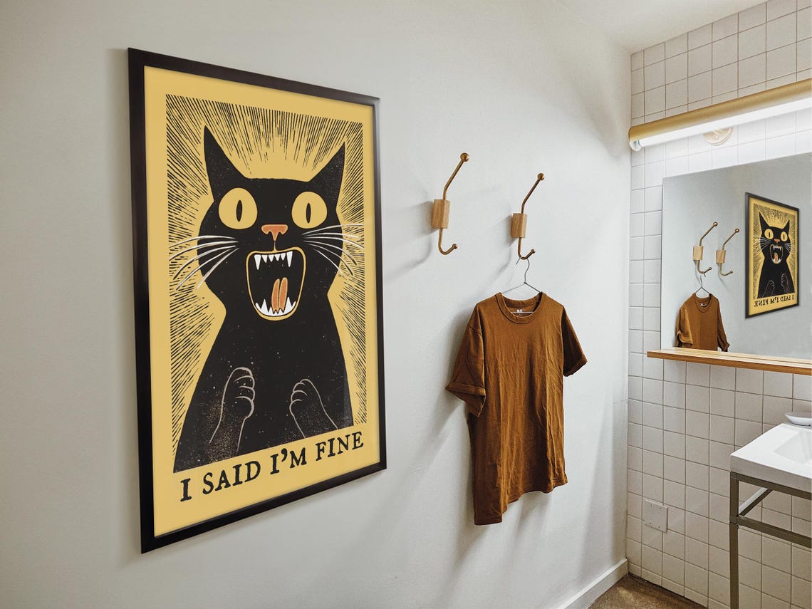 I Said I Am Fine Screaming Black Cat Funny Retro Mood Poster - Image 2