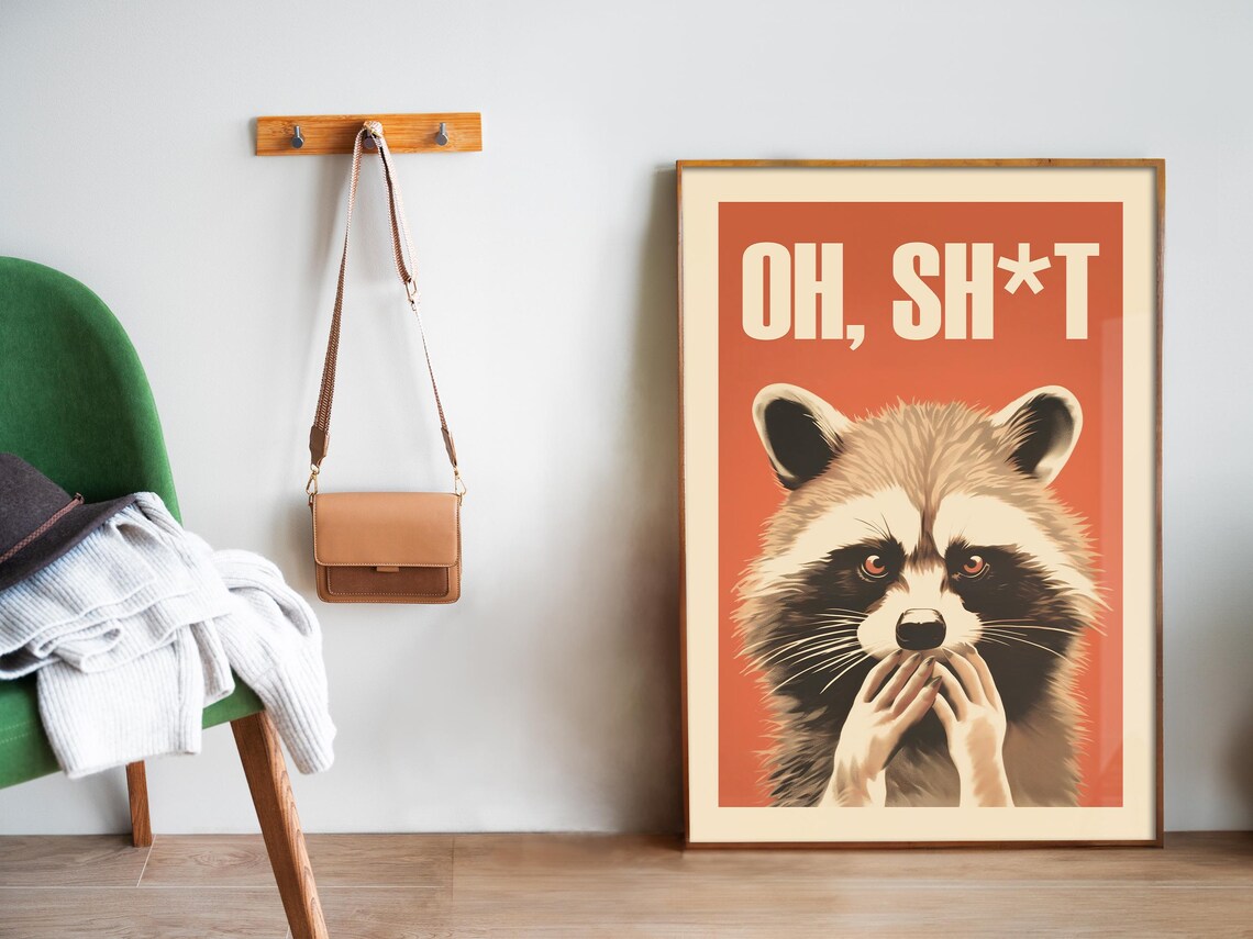 Oh Sht Shocked Raccoon Funny Animal Bathroom Humor Quote Poster - Image 5