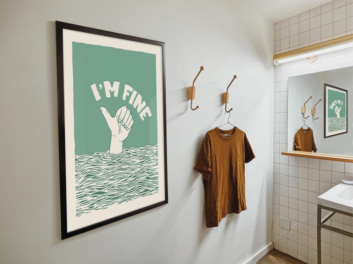 I'm Fine Thumbs Up Sinking Funny Retro Office Burnout Art Poster - Image 4