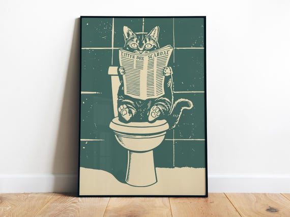 Cat On Toilet Poster Bathroom Wall Art Funny Toilet Print Cat Toilet Wall Art Pooping Print Restroom Art For Above Toilet