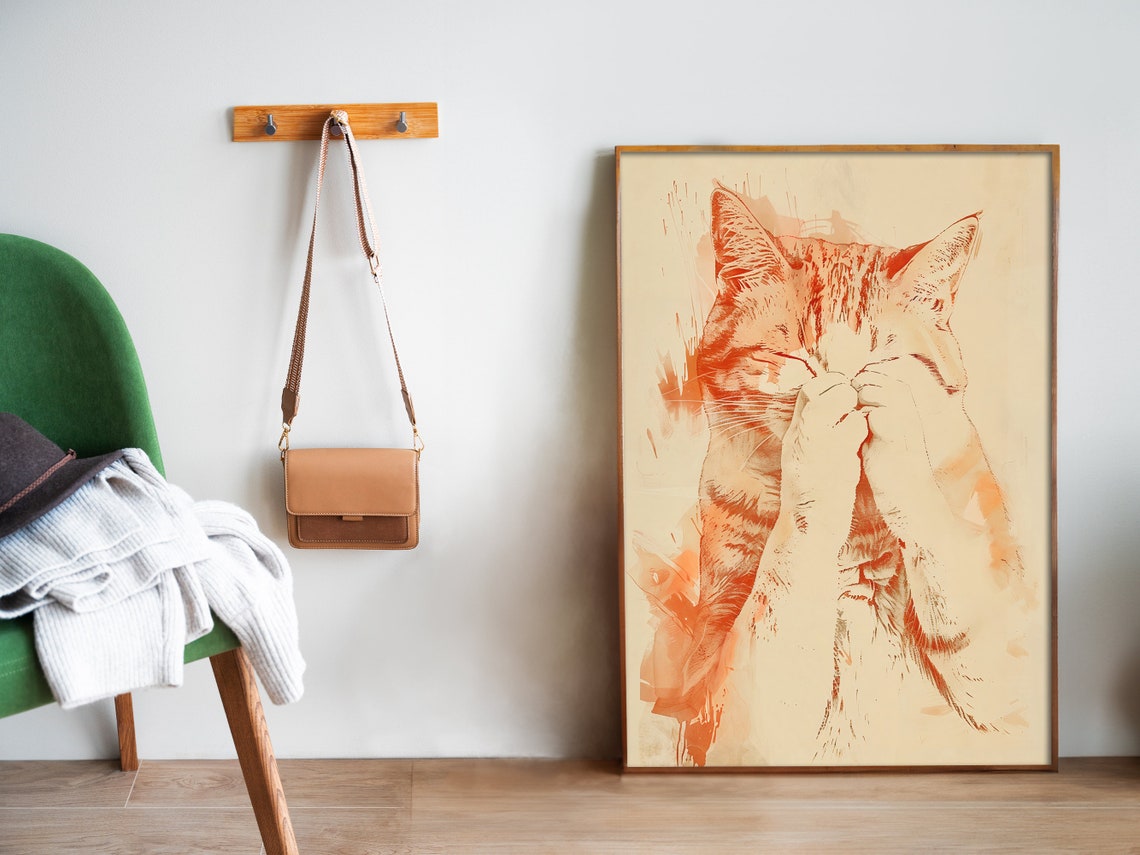 Shy Orange Tabby Cat Covering Eyes Cute Peekaboo Kitten Art Poster - Image 5