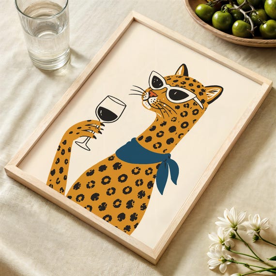 Funky Leopard Wine Art Print Hand Drawn Cat Poster For Dopamine Decor Digital Download