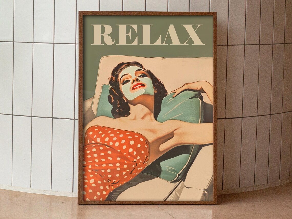 Relax Retro Housewife Face Mask Spa Day Beauty Salon Vintage Wall Poster - Image 2