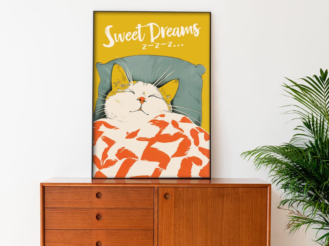 Sweet Dreams Sleepy White Cat In Bed Yellow Retro Bedroom Poster - Image 3
