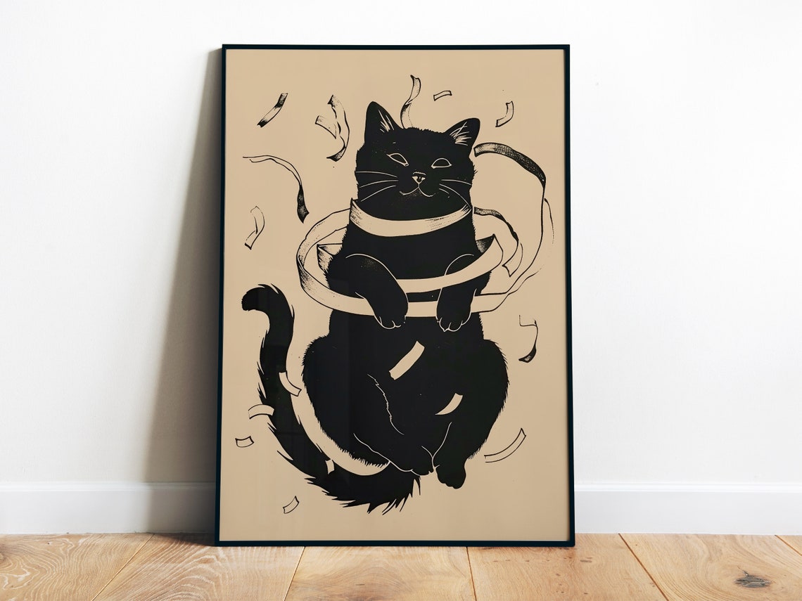Black Cat Tangled Toilet Paper Funny Bathroom Art Poster Decor