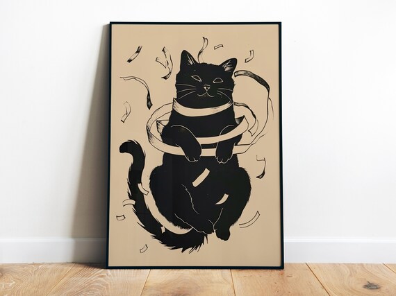 Black Cat Tangled Toilet Paper Funny Bathroom Art Poster Decor