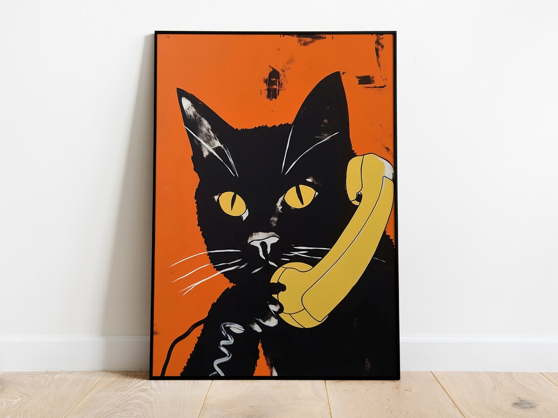 Cat On The Phone Retro Poster, Maximalist Cat Print