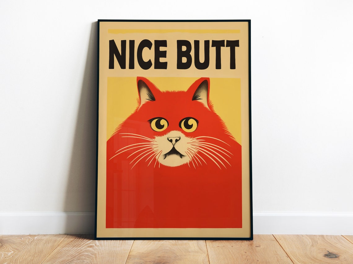 Nice Butt Funny Red Cat Face Retro Bathroom Quote Art Poster