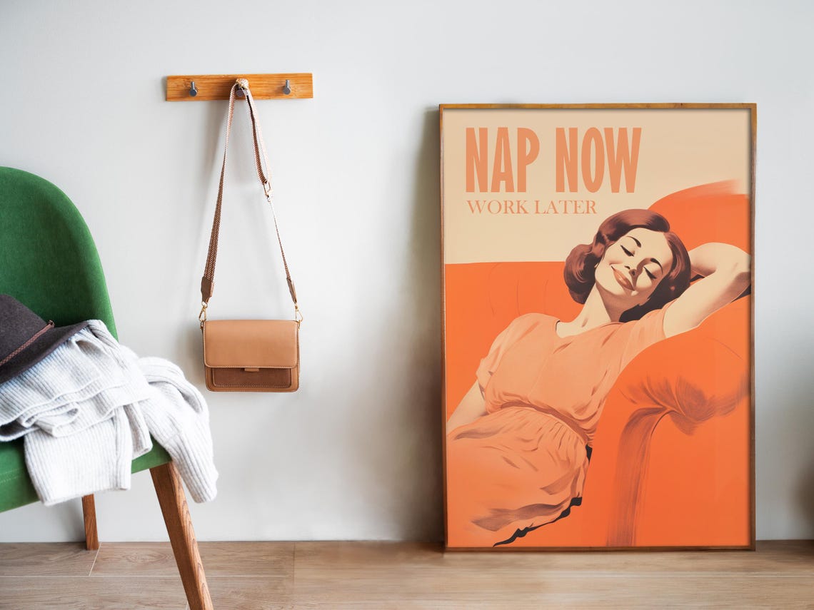 Nap Now Work Later Sleeping Woman Orange Retro Lazy Quote Poster - Image 5