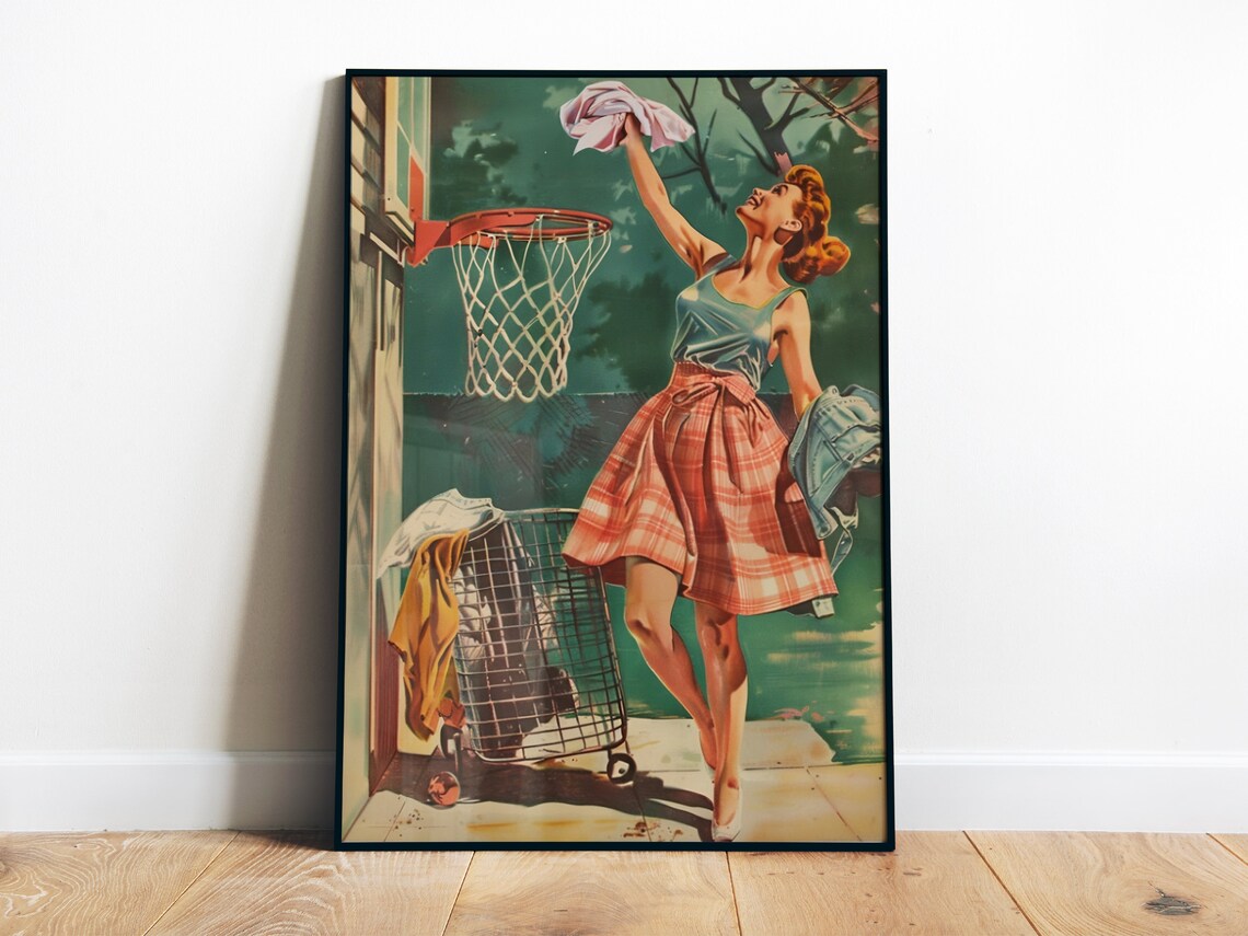 Laundry Room Funny Poster, Retro Housewife Basketball