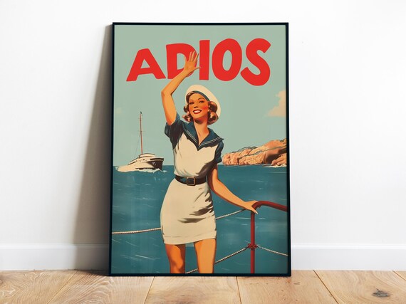 Adios Waving Sailor Woman Boat Retro Coastal Vintage Travel Poster