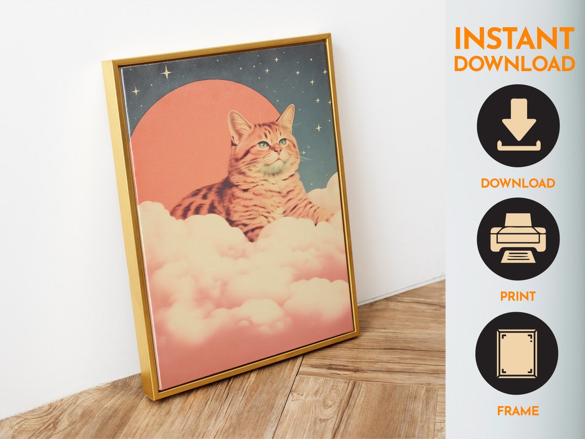 Tabby Cat In Pink Clouds Under Big Moon Dreamy Night Art Poster - Image 6