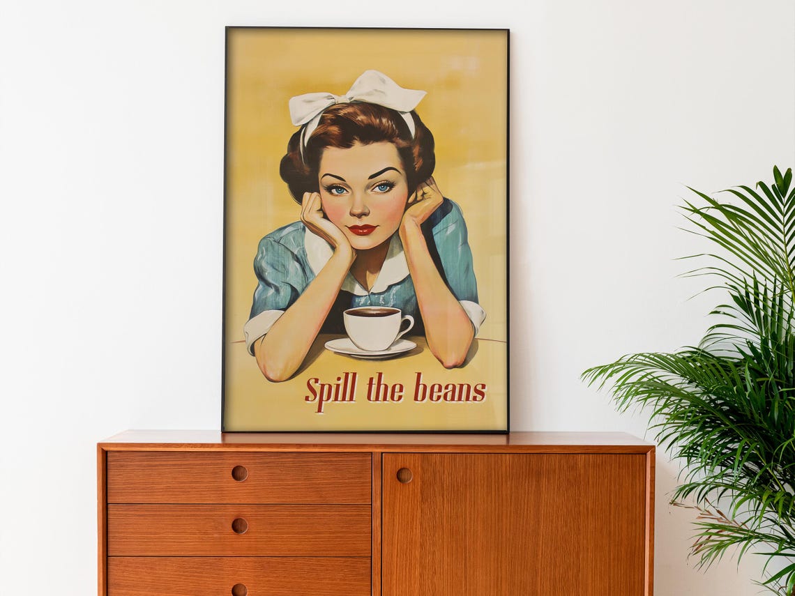 Spill The Beans Vintage Retro Woman With Coffee Cup Kitchen Poster - Image 3