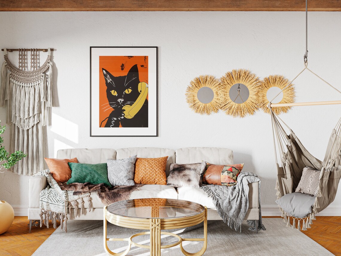 Cat On The Phone Retro Poster, Maximalist Cat Print - Image 4