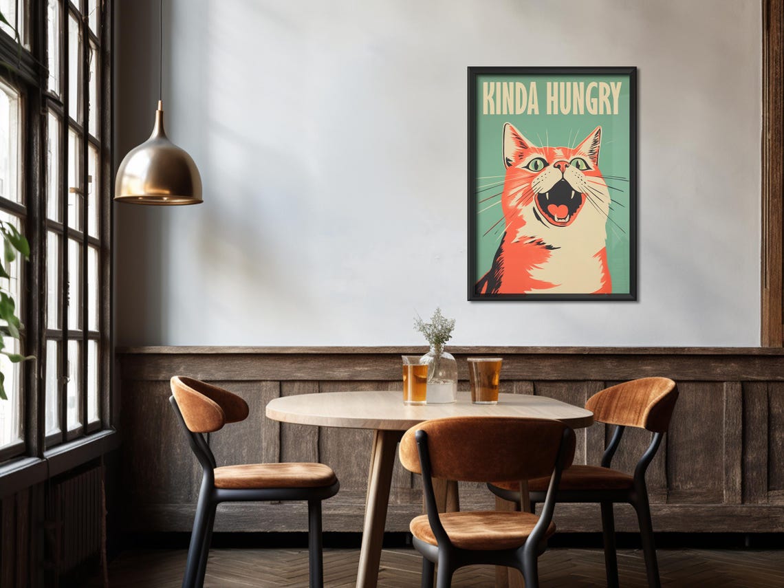 Hungry Cat Print Funny Poster Kitchen Wall Art Funny Cat Poster Funny Kitchen Quote Minimalistic Retro Cat Art Poster Kitchen Prints - Image 3