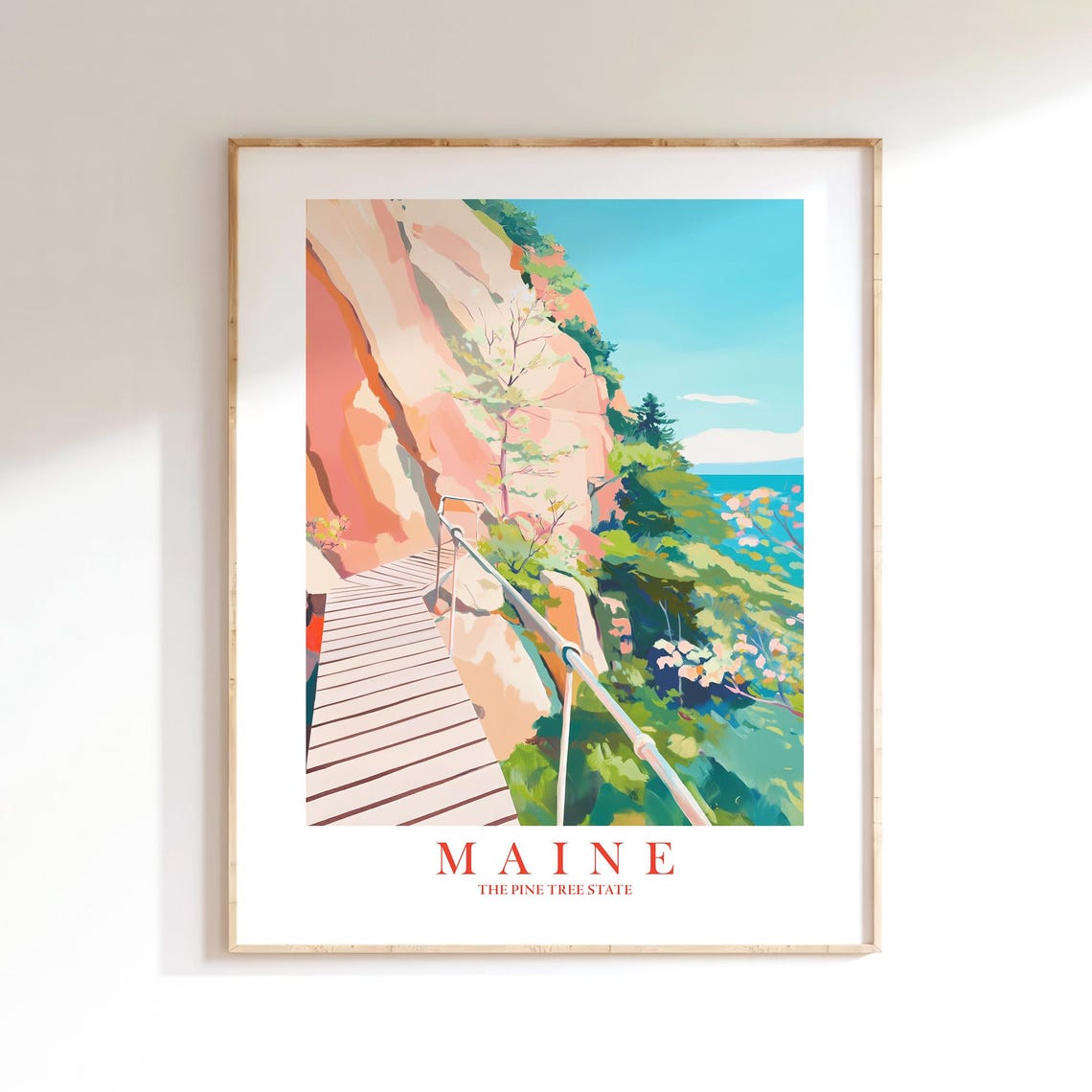 Maine The Pine Tree State Cliffside Boardwalk Coastal Travel Poster