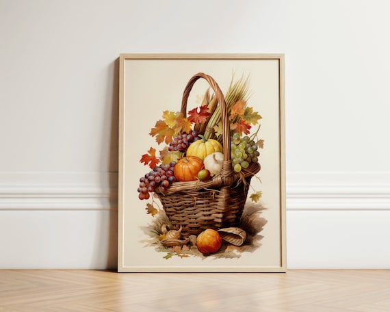 Harvest Basket Overflowing with Autumn Fruits Watercolor Poster