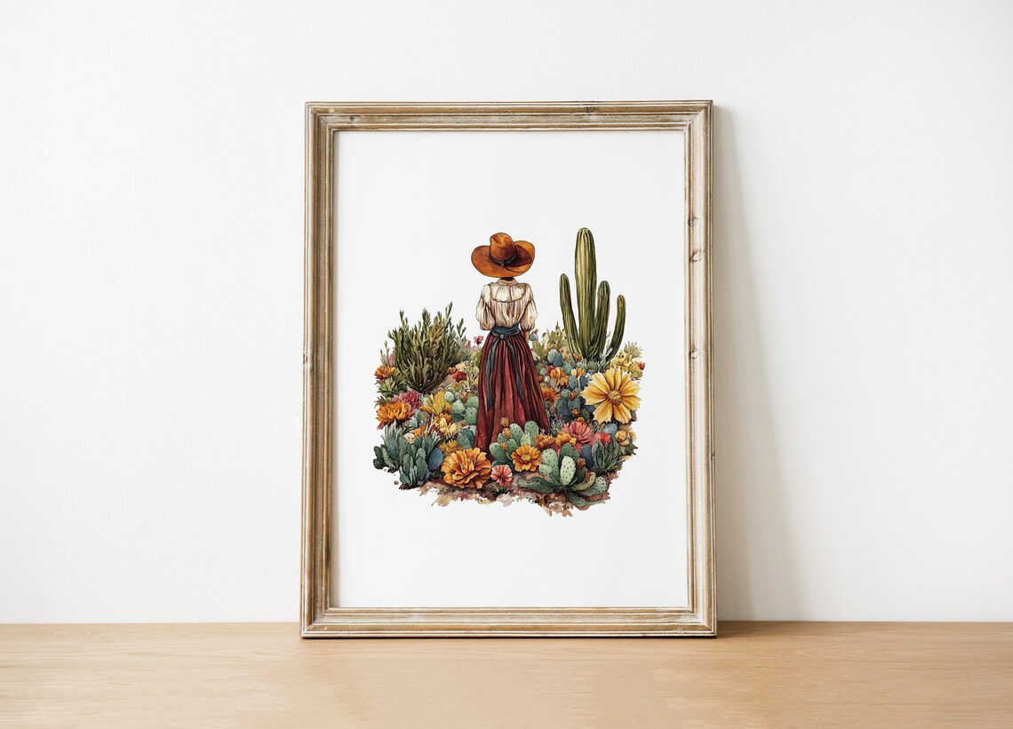 Cowgirl Among Desert Cacti and Wildflowers Southwestern Art Poster