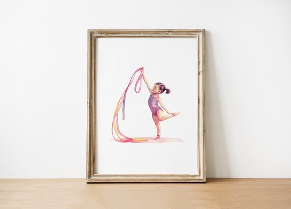 Little Girl Ribbon Gymnast Watercolor Kids Room Sports Poster