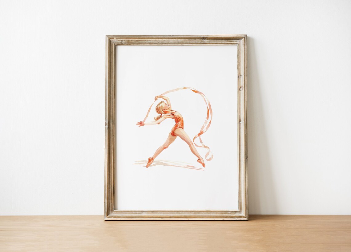 Red Hair Gymnast Girl Exercise With Ribbon Rhythmic Gymnastics