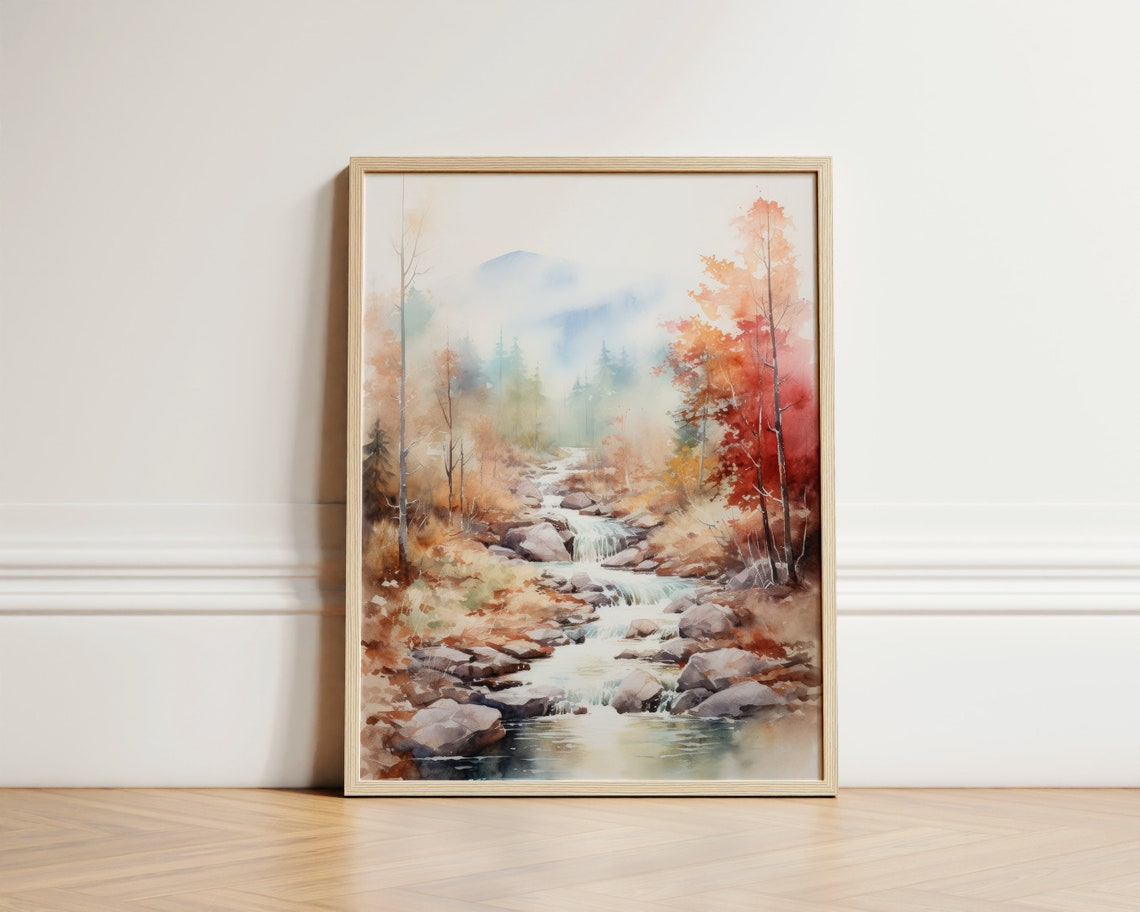 White Mountains New Hampshire Fall Stream Watercolor Scene Poster