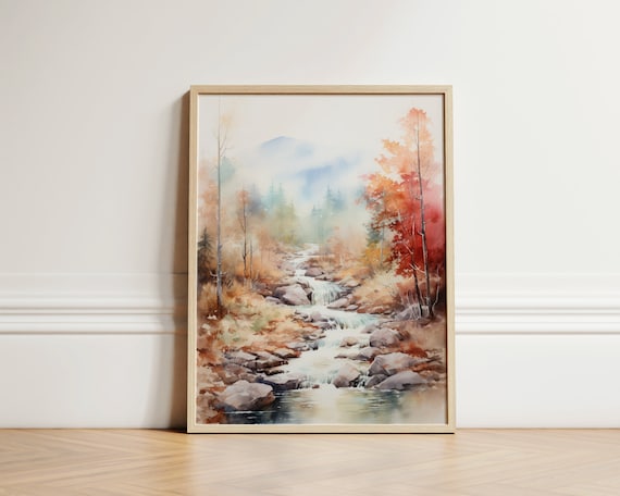 White Mountains New Hampshire Fall Stream Watercolor Scene Poster