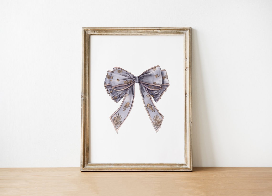 Periwinkle Bow Gold Floral Pattern Elegant Watercolor Fashion Poster