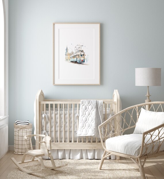 Vintage Blue Tram Watercolor Minimalist Nursery Transport Poster