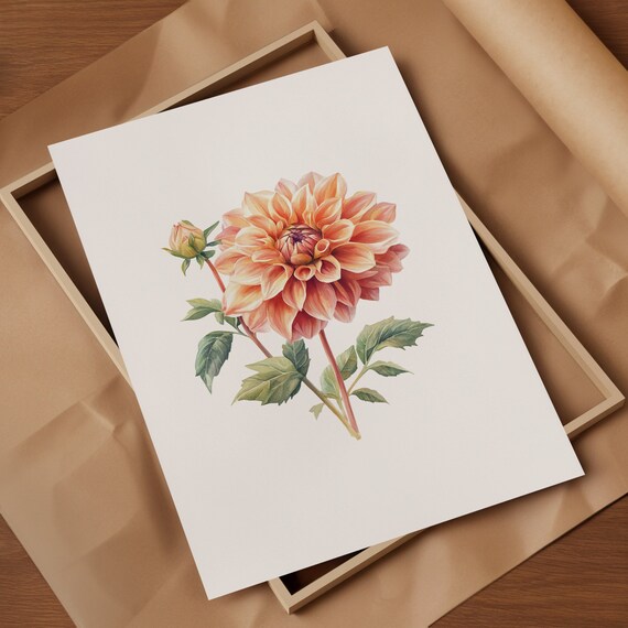 Watercolor Dahlia Botanical Print Floral Wall Art Decor Instant Flower Illustration Home