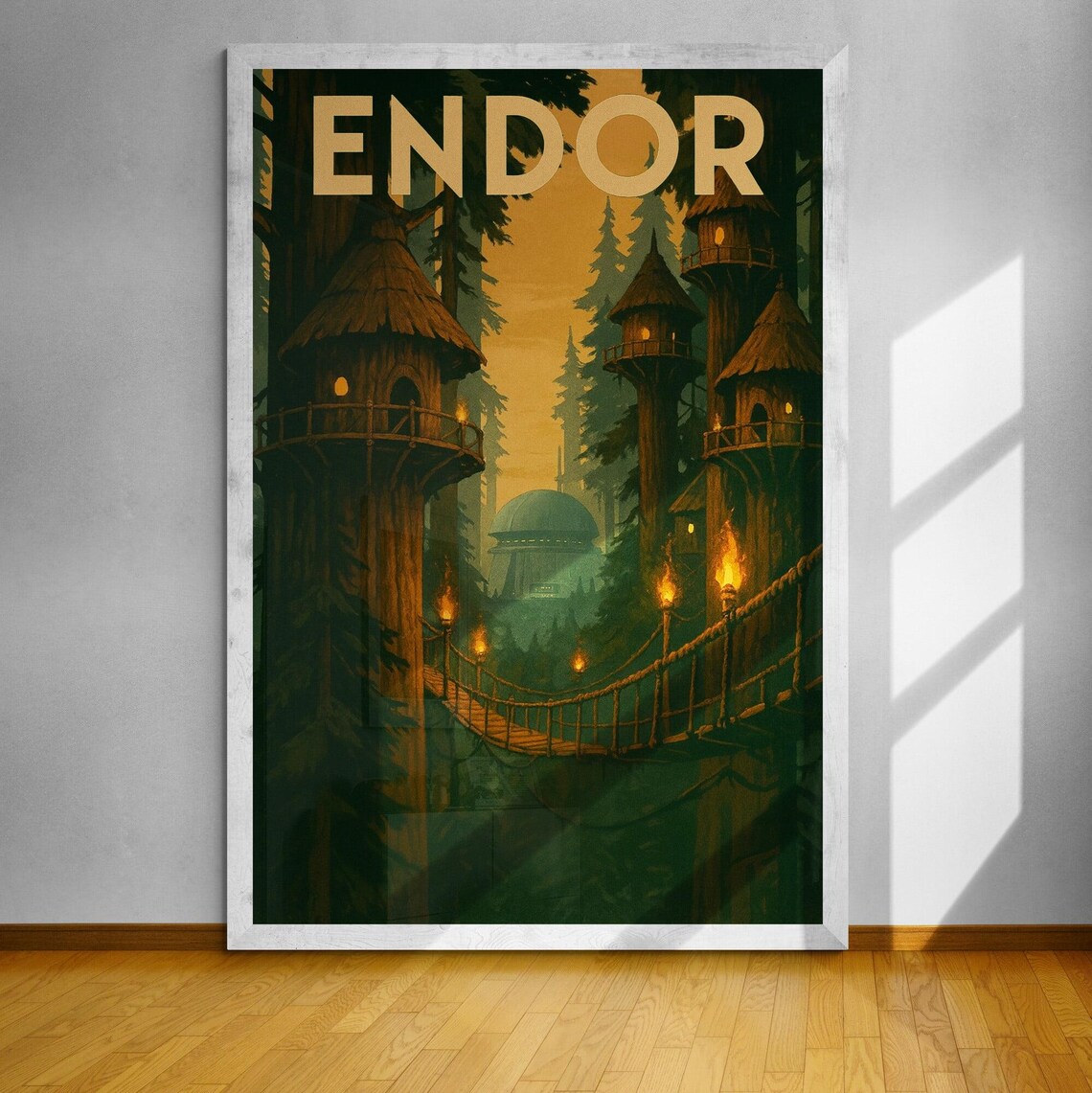 Endor Star Wars Art Deco Sunset Treehouse Bridge Travel Poster