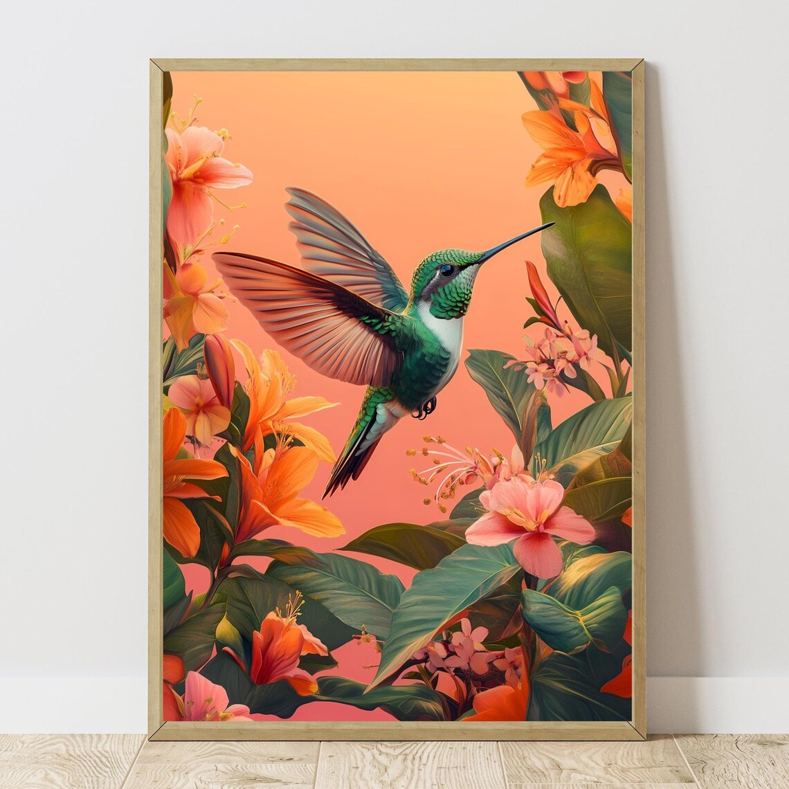 Hummingbird In Orange Tropical Flowers Sunset Glow Vibrant Wall Poster - Image 4
