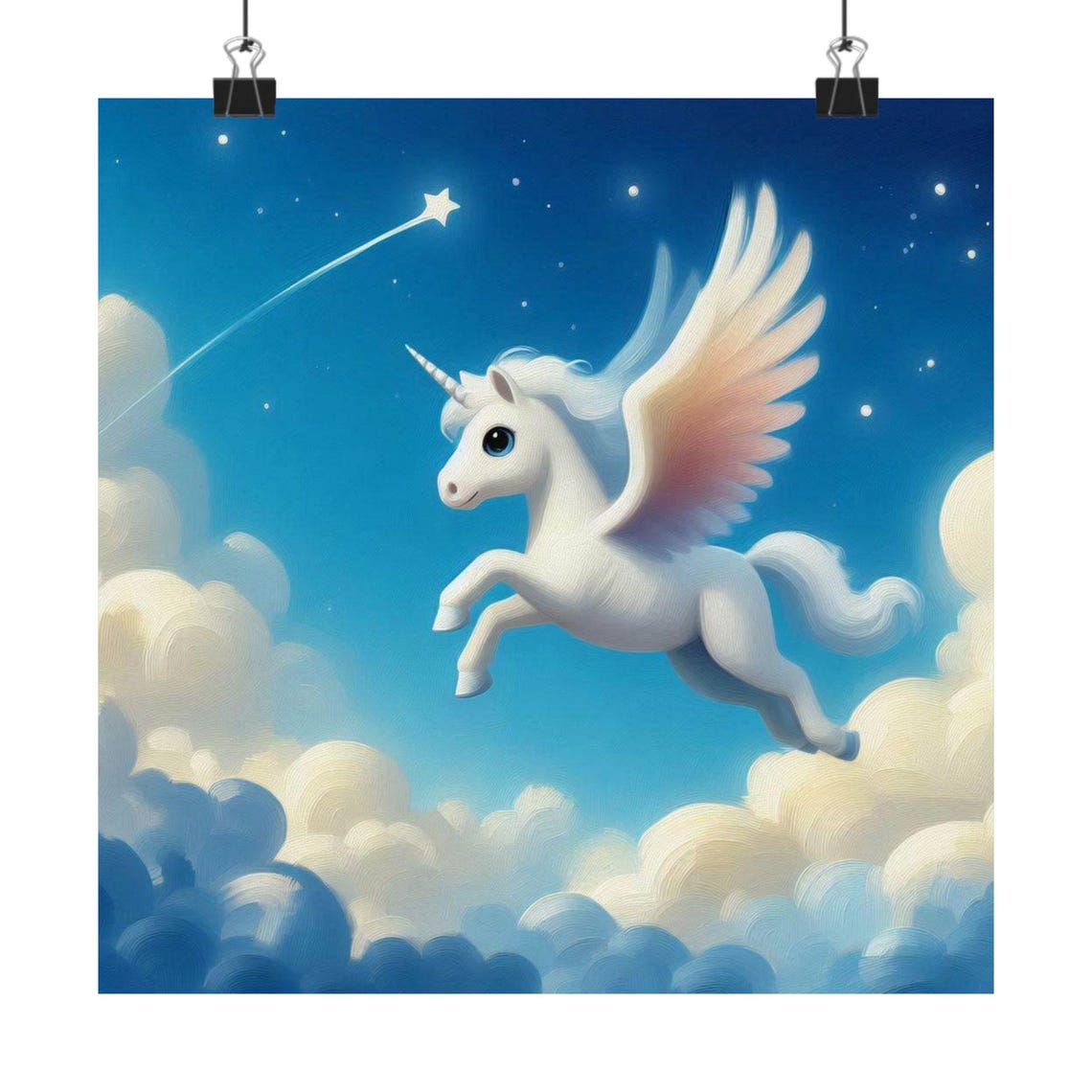 Cute White Winged Unicorn Flying Night Sky Kids Room Art Poster