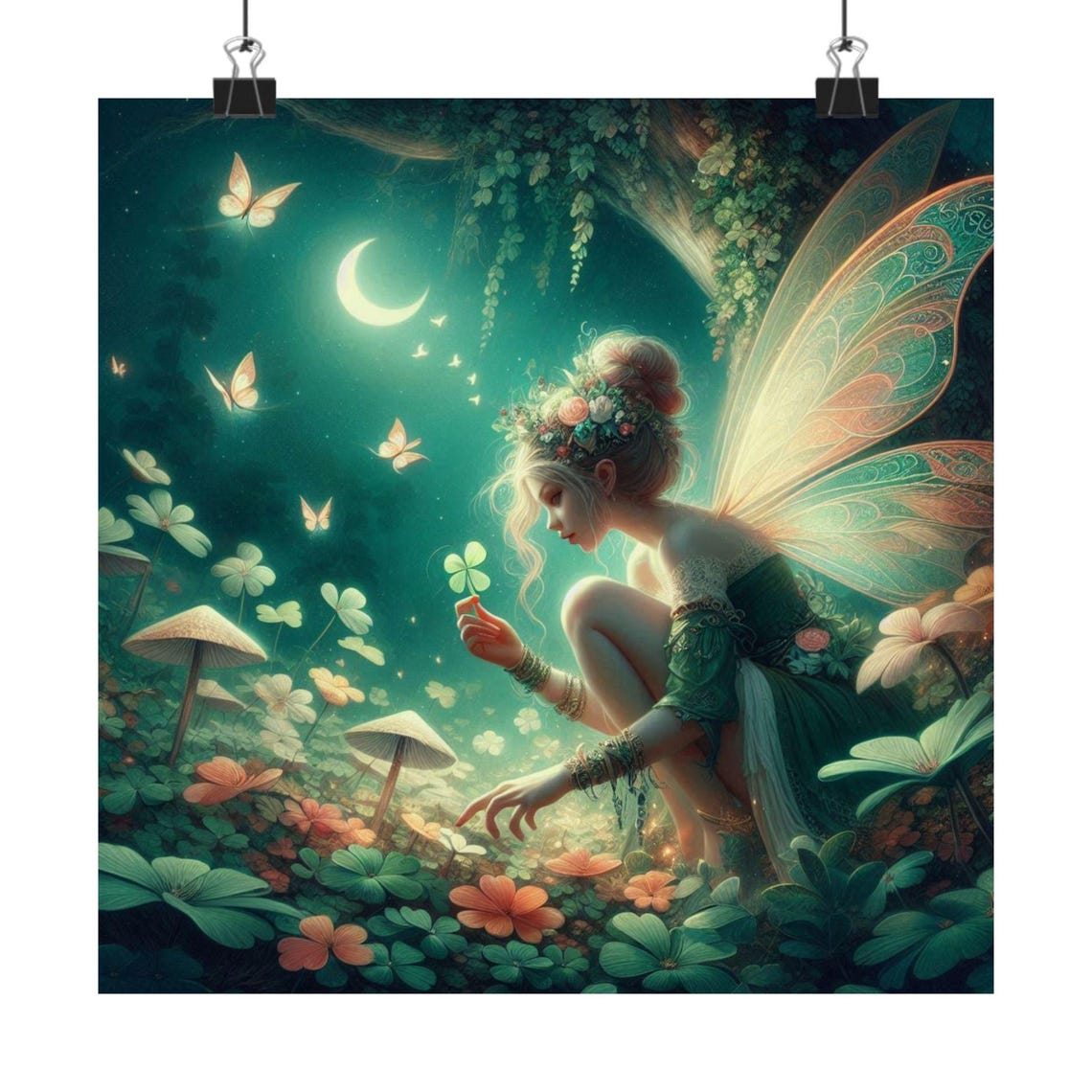 Moonlit Fairy in a Magical Mushroom Forest Night Garden Poster - Image 7