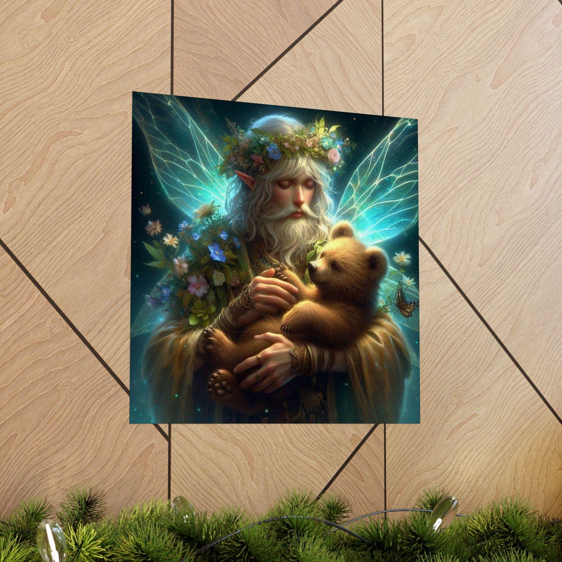 Elder Elf Fairy Guardian Holding a Bear Cub Forest Magic Poster