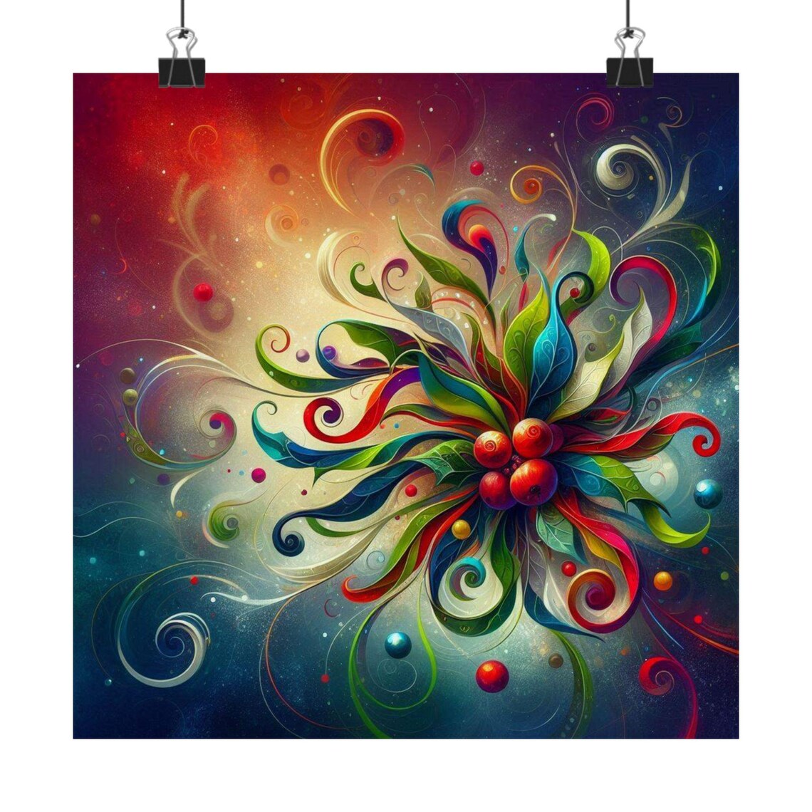 Colorful Floral Swirl with Red Berries Festive Abstract Poster - Image 6