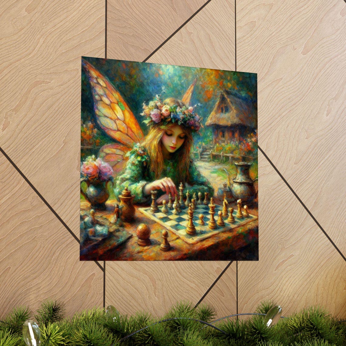 Fairy Playing Chess in Cozy Cottage Garden Fantasy Art Poster - Image 5