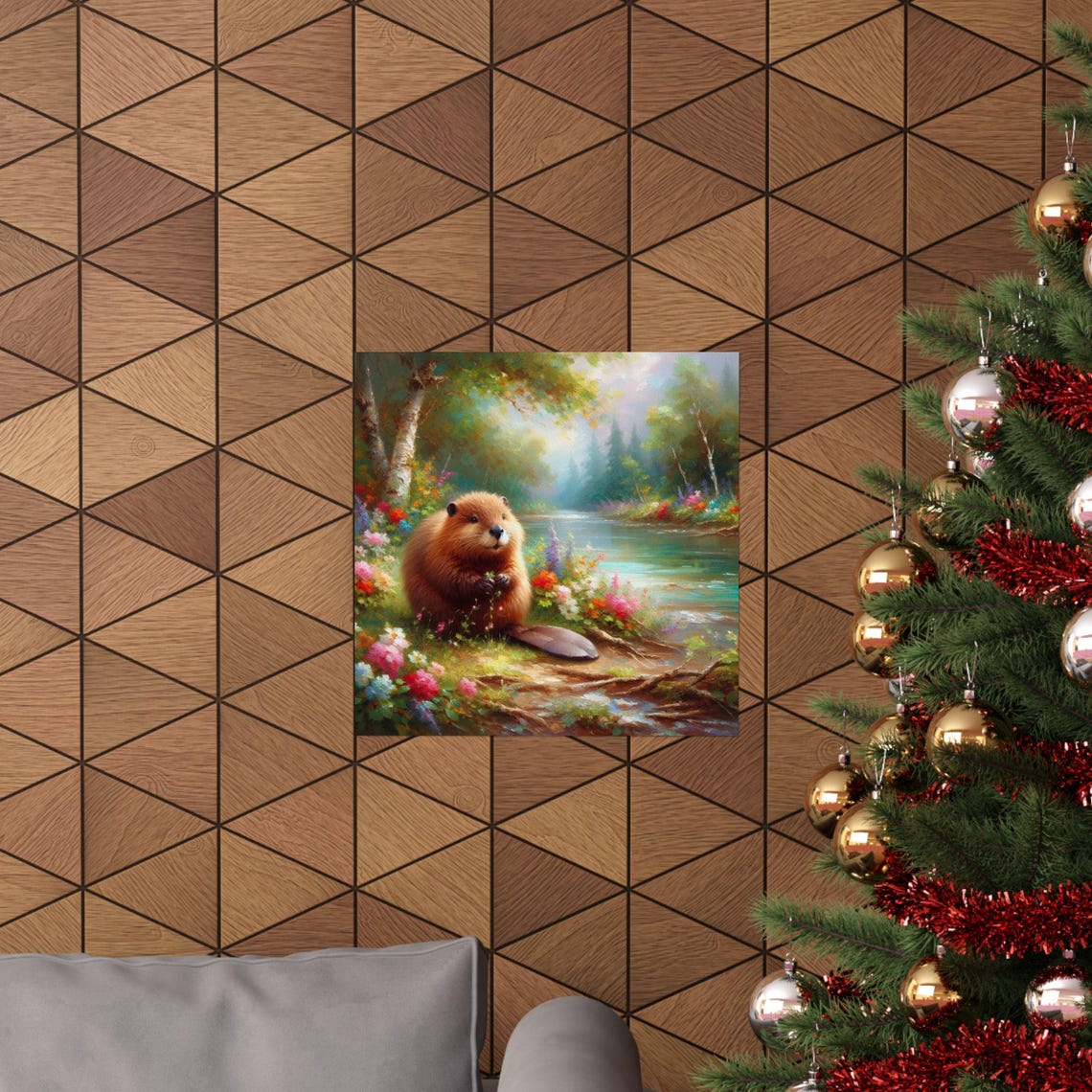 Cute Chubby Beaver Sitting by Forest River Wildflower Art Poster - Image 6