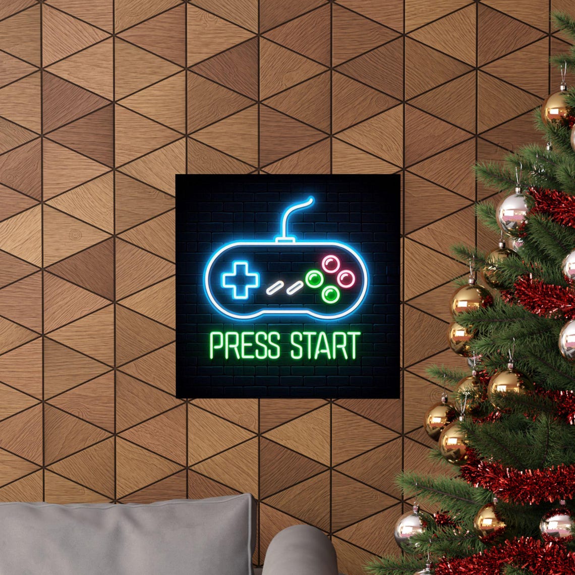 Glowing Neon Game Controller with Green Press Start Text Poster - Image 6
