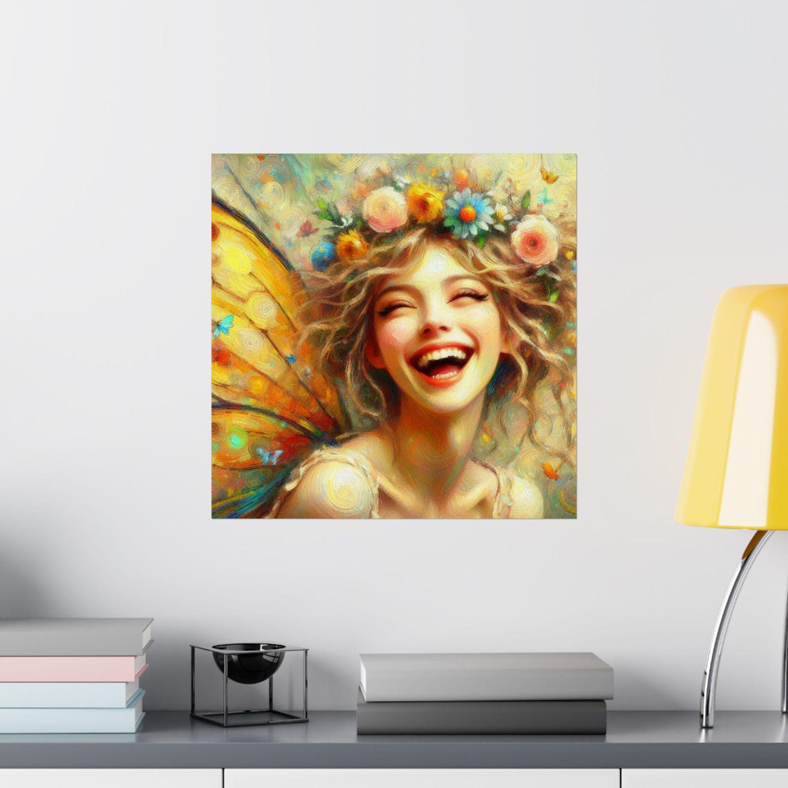 Laughing Fairy with Flower Crown and Butterfly Wings Art Poster - Image 2