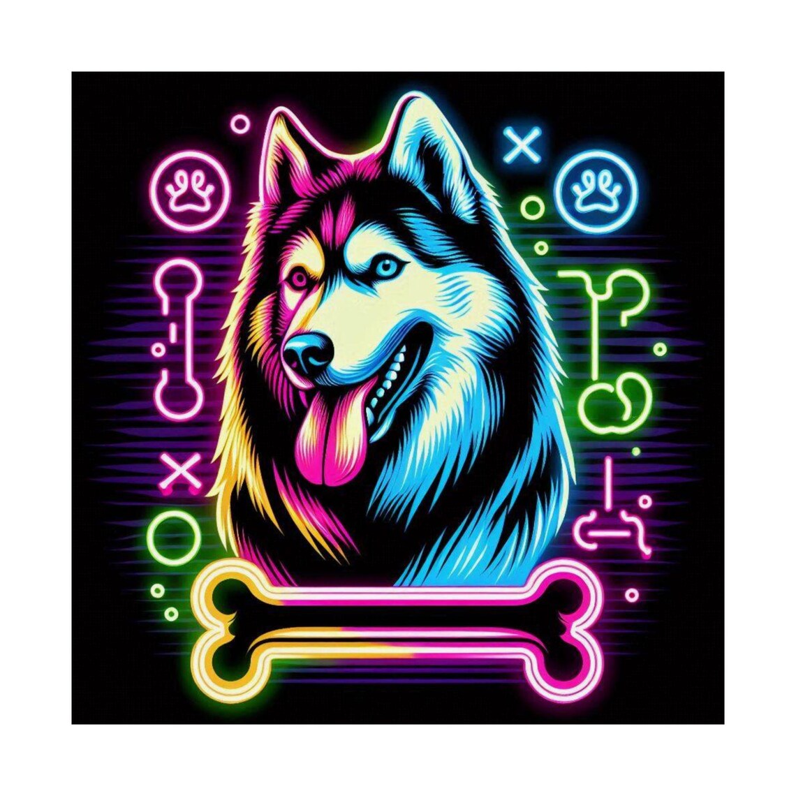 Smiling Husky Dog Face Glowing in Neon Colors on Black Poster - Image 7
