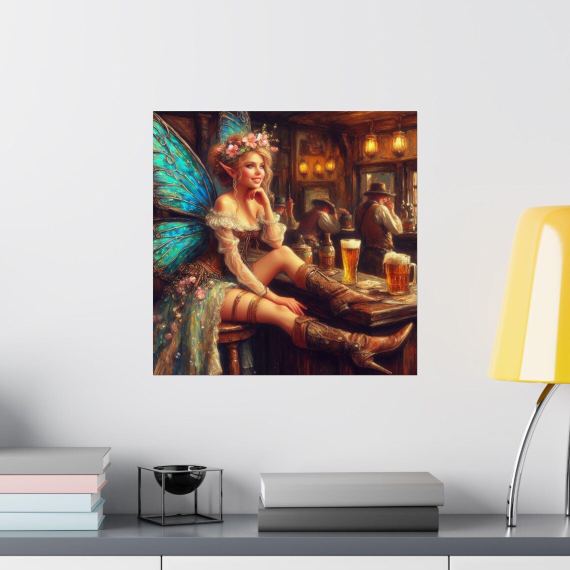 Fairy in a Western Saloon Bar with Boots and Beer Mugs Poster - Image 2