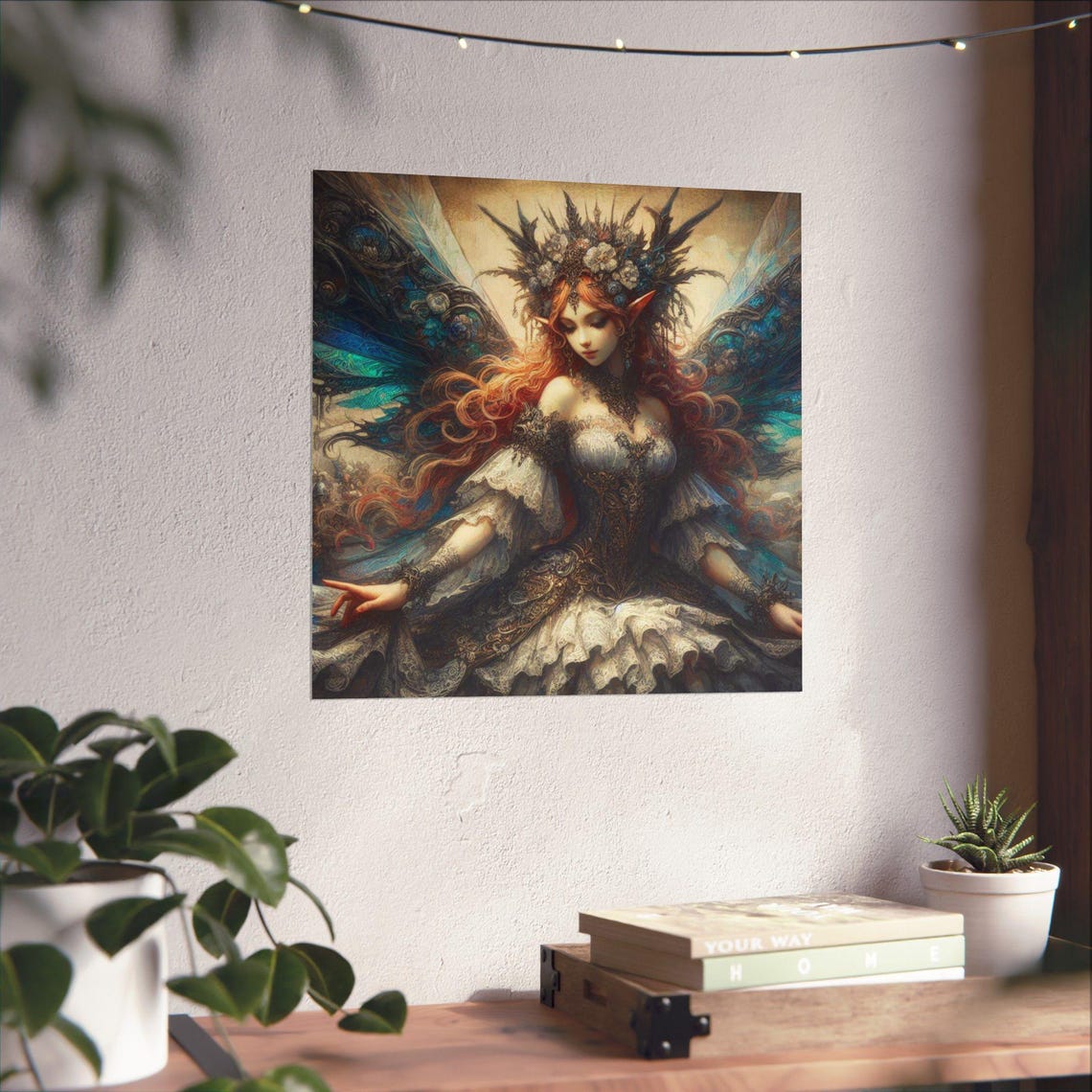 Gothic Fairy Queen with Ornate Wings and Feather Crown Art Poster - Image 4