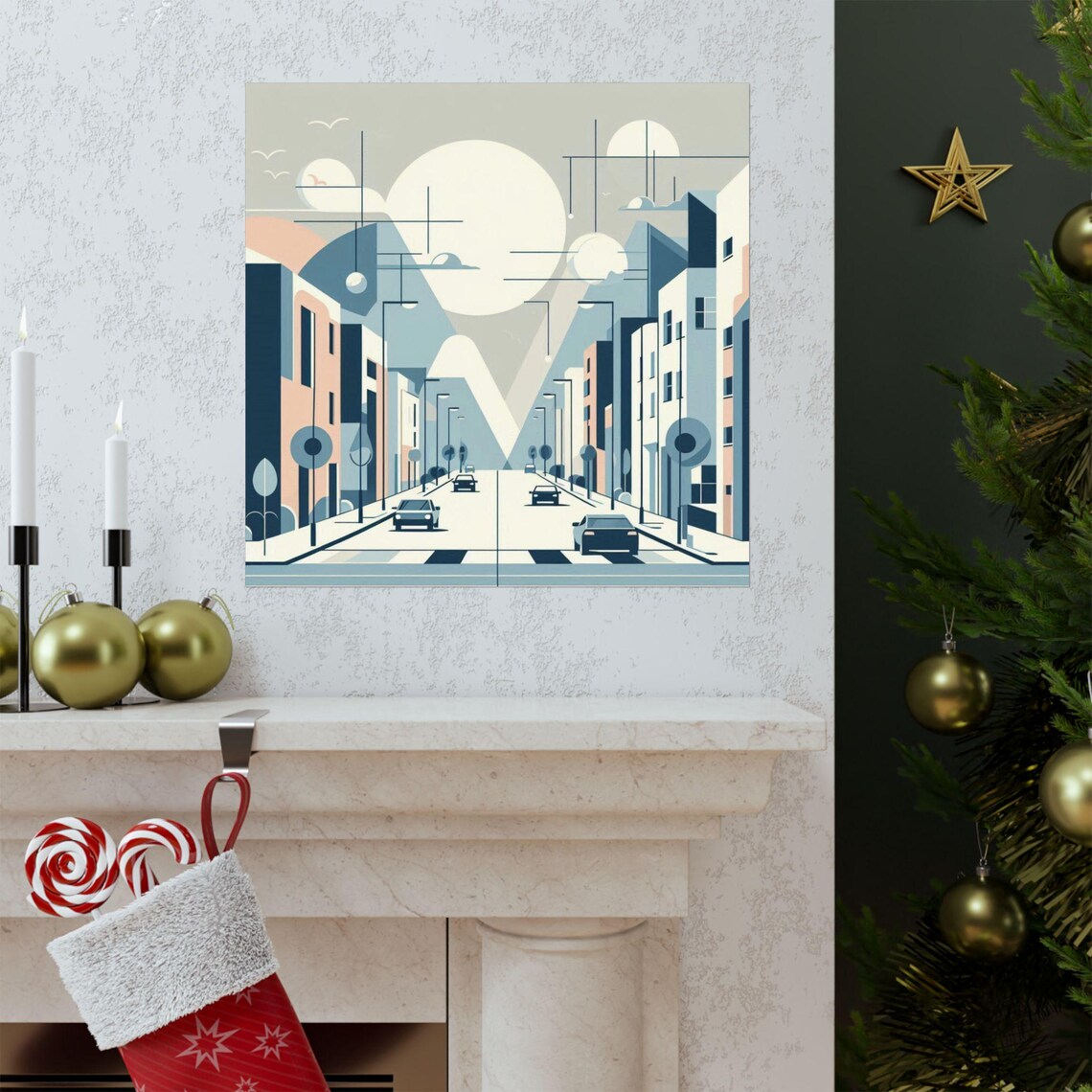 Geometric Minimalist City Street with Cars Pastel Blue Poster - Image 3